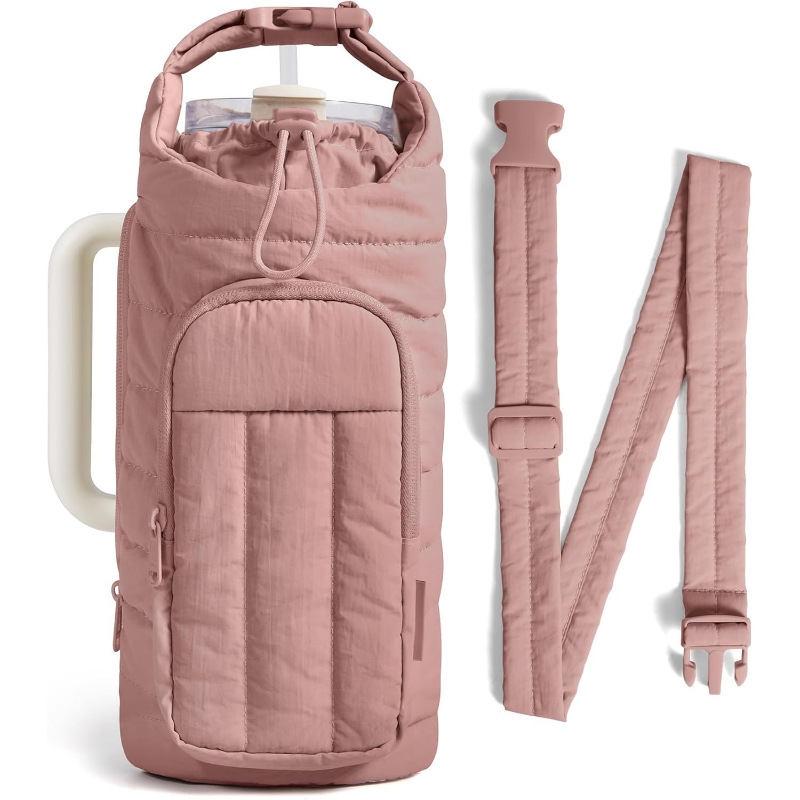 Dark Pink Quilted Water Bottle Carrier Bag with Large Phone Pocket - Insulated Tumbler Pouch with Adjustable Shoulder Strap - Crossbody Water Bottle Holder for18oz to 64ozTumblers, Gym, and Travel - Image 1