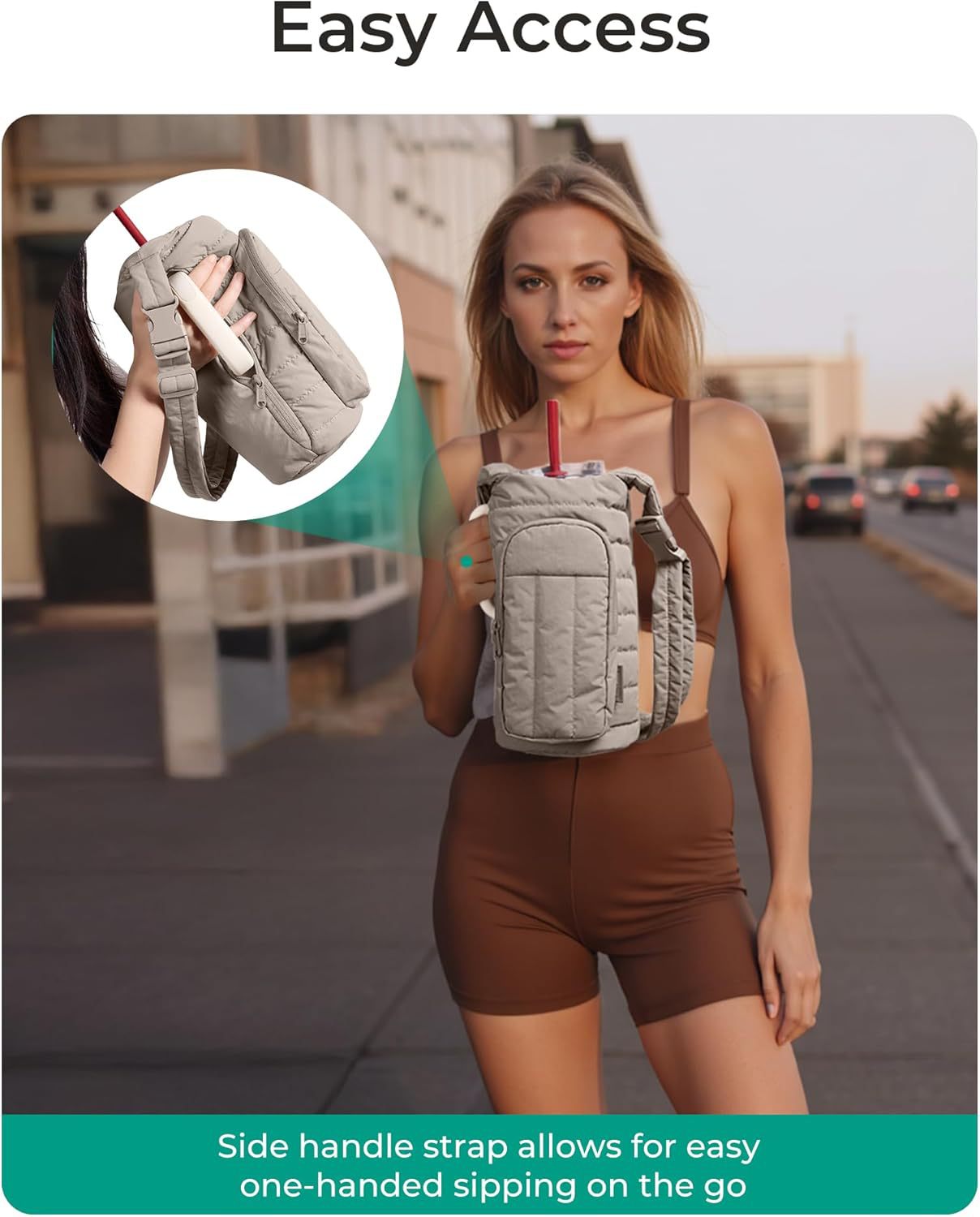 Dark Pink Quilted Water Bottle Carrier Bag with Large Phone Pocket - Insulated Tumbler Pouch with Adjustable Shoulder Strap - Crossbody Water Bottle Holder for18oz to 64ozTumblers, Gym, and Travel - Image 7