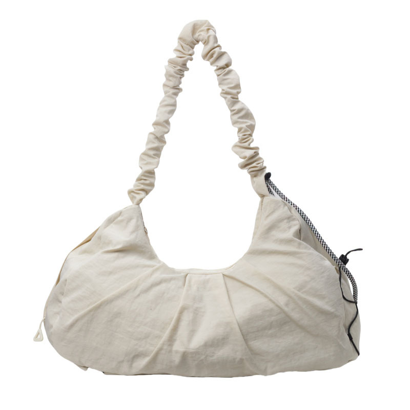 Beige Large Capacity Ruched Travel Duffel Bag - Stylish Yoga Mat Storage Shoulder Bag - Lightweight Gym Fitness Tote with Drawstring Detail for Weekend Getaways and Sports - Image 1