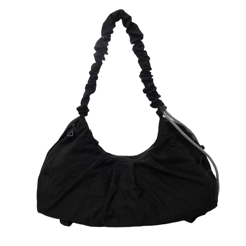 Black Large Capacity Ruched Travel Duffel Bag - Stylish Yoga Mat Storage Shoulder Bag - Lightweight Gym Fitness Tote with Drawstring Detail for Weekend Getaways and Sports - Image 1