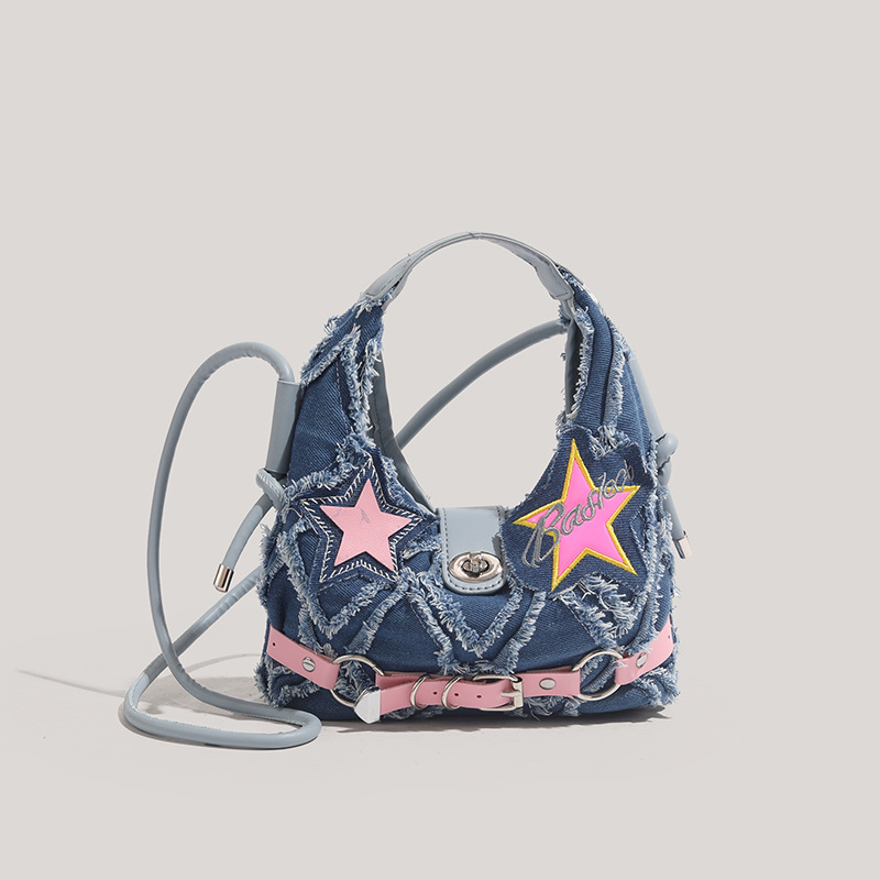 Trendy Denim Crescent Bag - Distressed Star Punk Style Crossbody Handbag - Chic Small Hobo Bag for Women - Spicy Girl Streetwear Aesthetic - Image 1