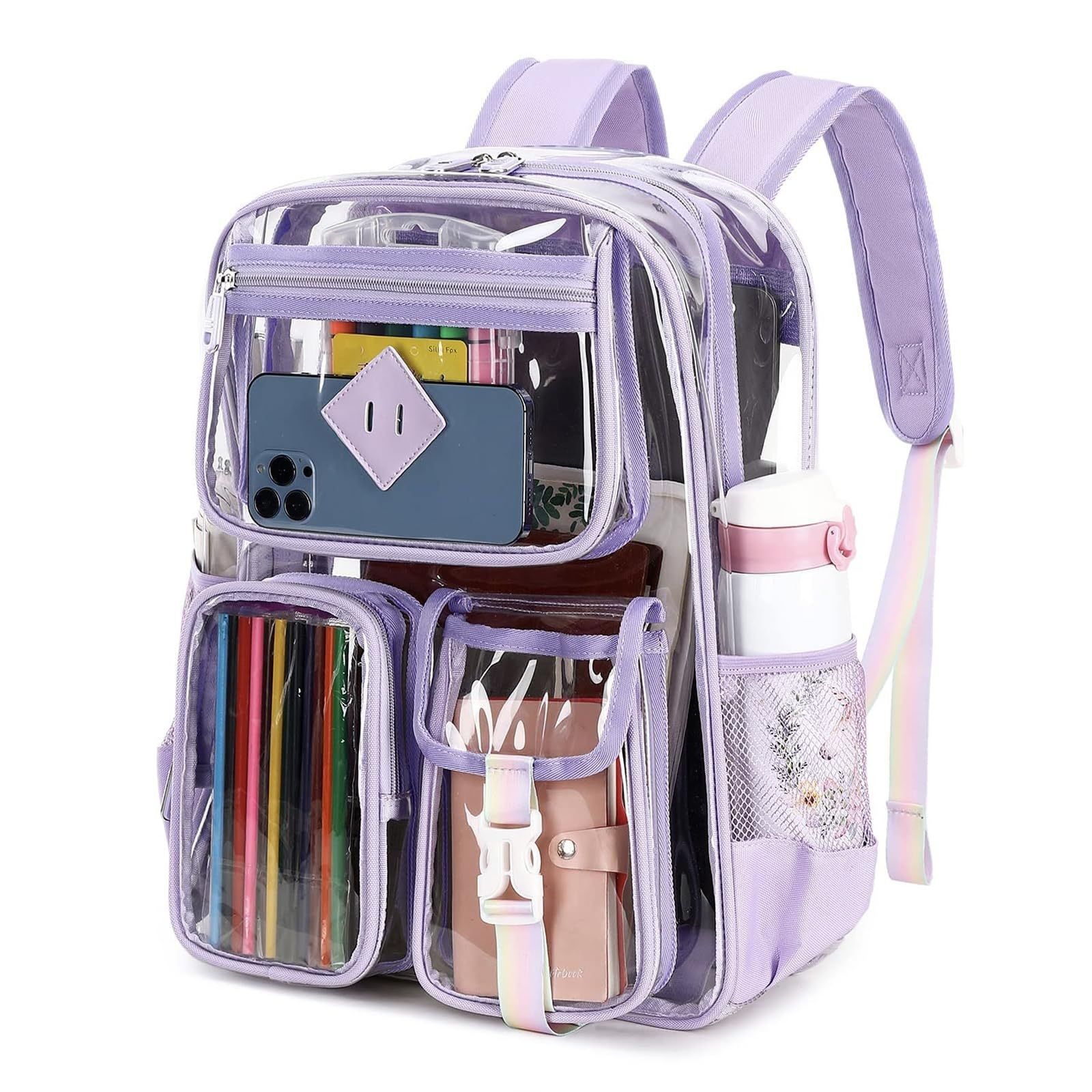 Heavy Duty Clear Transparent Backpack with Purple - Large Capacity PVC Bookbag for School, Stadium, and Gym - Fits 16-Inch Laptop, Binders and A4 Books - Image 1