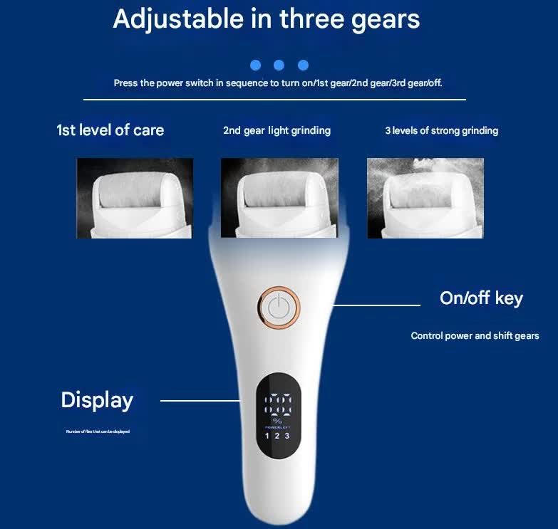 White Professional Electric Foot Callus Remover - Rechargeable Pedicure Tool with 3 Adjustable Speeds, Smart LED Display, and 3 Replaceable Grinding Heads for Smooth Feet - Image 4