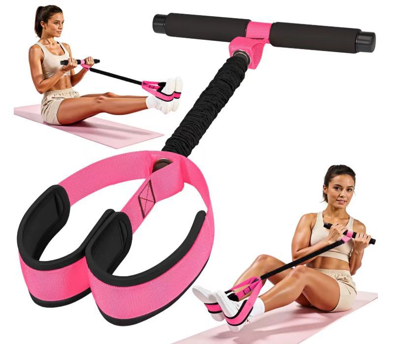 Pink Multifunctional Pedal Resistance Band - Home Fitness Sit-up Assistant with Foot Pedals and Elastic Pull Rope - Full Body Workout Equipment for Abs, Arms, Legs and Glutes - Image 1