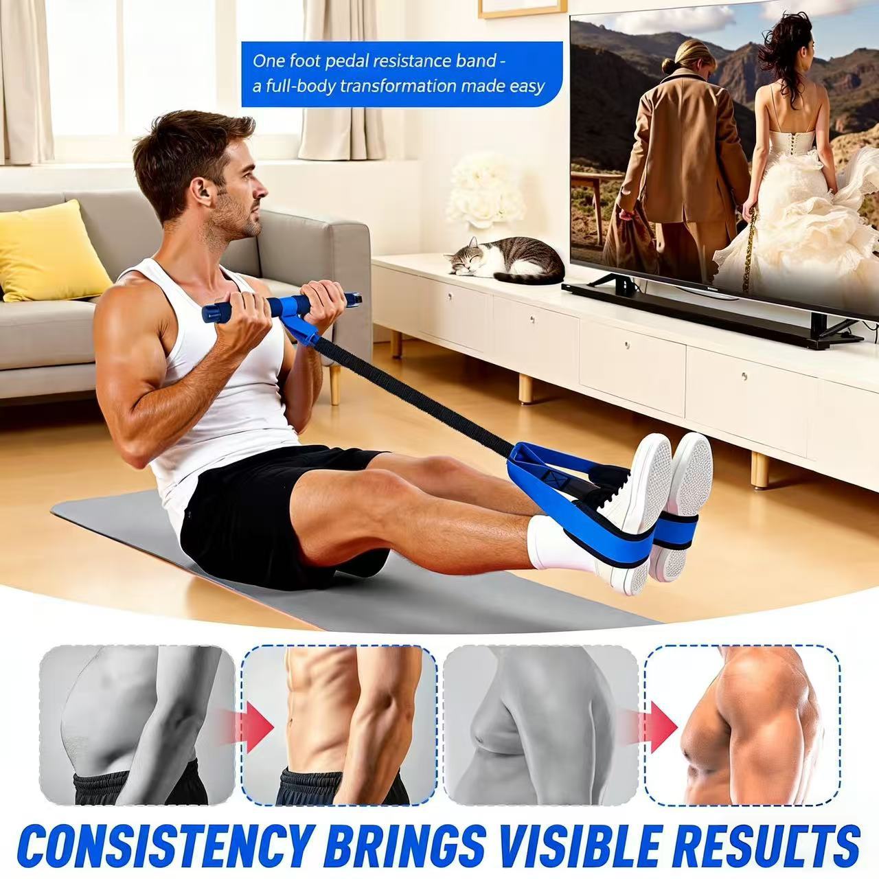 Orange Multifunctional Pedal Resistance Band - Home Fitness Sit-up Assistant with Foot Pedals and Elastic Pull Rope - Full Body Workout Equipment for Abs, Arms, Legs and Glutes - Image 3