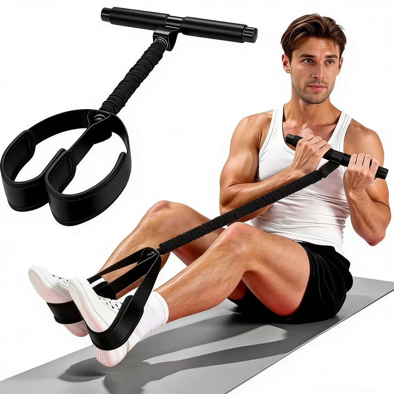 Black Multifunctional Pedal Resistance Band - Home Fitness Sit-up Assistant with Foot Pedals and Elastic Pull Rope - Full Body Workout Equipment for Abs, Arms, Legs and Glutes - Image 1