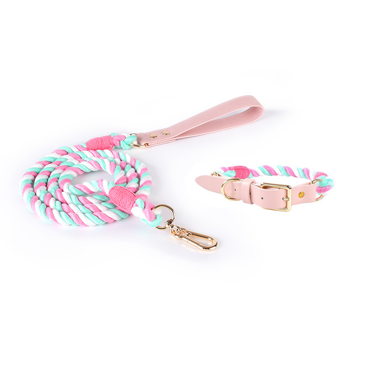 Pink Hand-Woven Rainbow Cotton Rope Dog Leash and Collar Set - Adjustable Veg-Tanned Leather Trim with Heavy Duty Metal Hardware - 150cm Training Lead and S Size Collar - Image 1