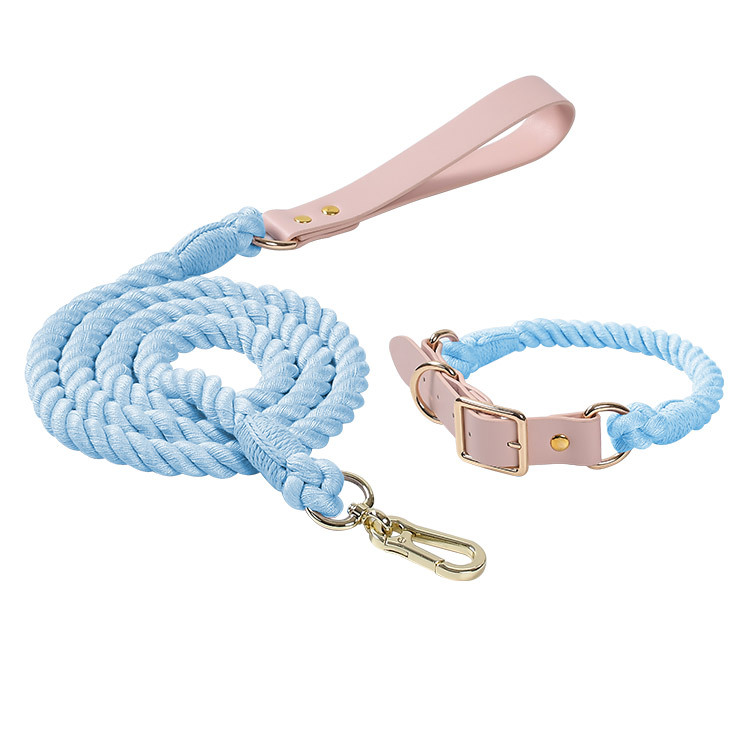 Sky Blue Hand-Woven Rainbow Cotton Rope Dog Leash and Collar Set - Adjustable Veg-Tanned Leather Trim with Heavy Duty Metal Hardware - 150cm Training Lead and S Size Collar - Image 1