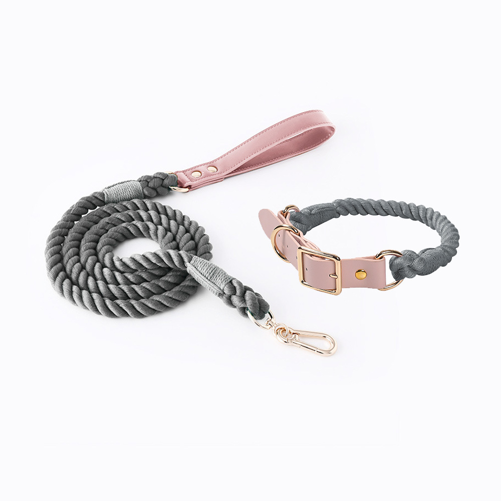 Grey Hand-Woven Rainbow Cotton Rope Dog Leash and Collar Set - Adjustable Veg-Tanned Leather Trim with Heavy Duty Metal Hardware - 150cm Training Lead and S Size Collar - Image 1