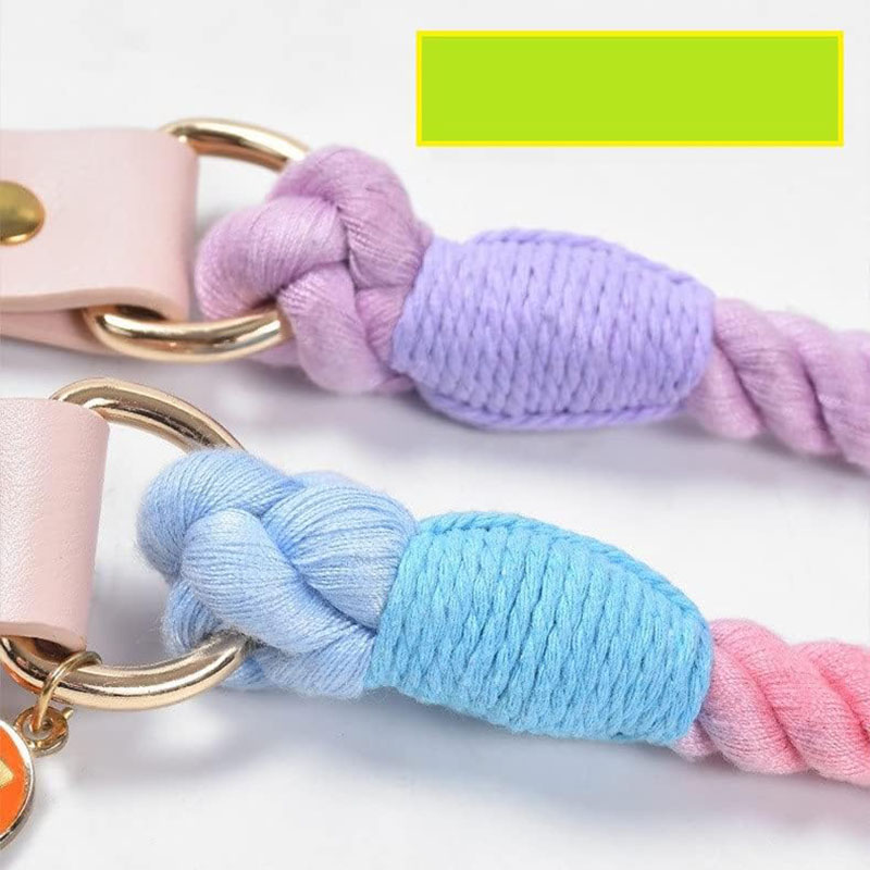 Rose Red Hand-Woven Rainbow Cotton Rope Dog Leash and Collar Set - Adjustable Veg-Tanned Leather Trim with Heavy Duty Metal Hardware - 150cm Training Lead and S Size Collar - Image 6