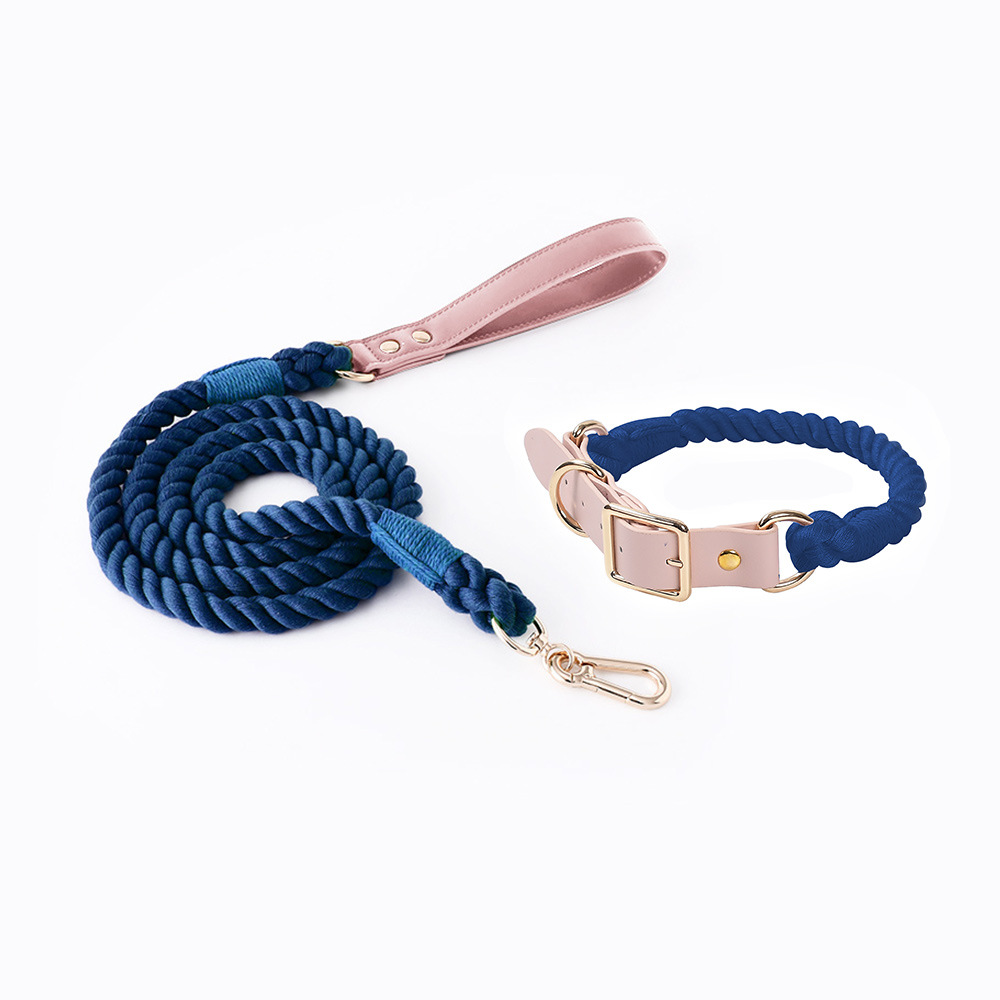Navy Blue Hand-Woven Rainbow Cotton Rope Dog Leash and Collar Set - Adjustable Veg-Tanned Leather Trim with Heavy Duty Metal Hardware - 150cm Training Lead and S Size Collar - Image 1
