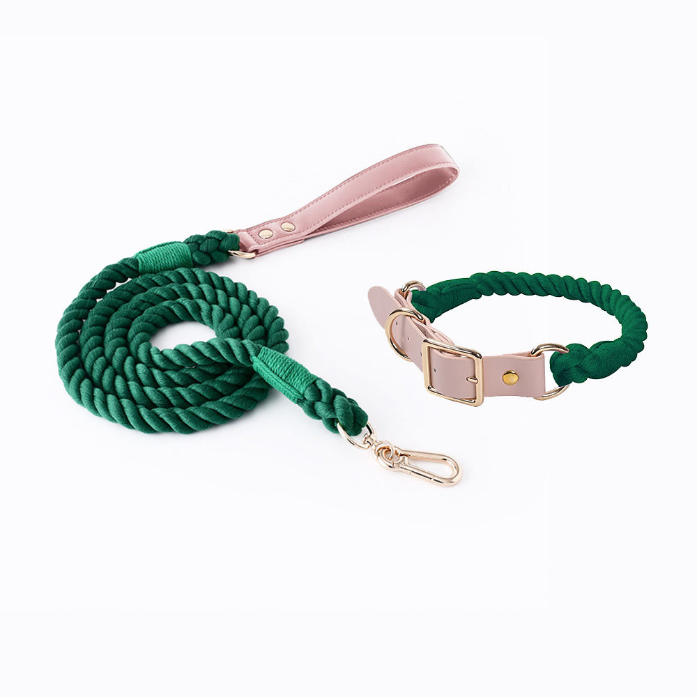Dark Green Hand-Woven Rainbow Cotton Rope Dog Leash and Collar Set - Adjustable Veg-Tanned Leather Trim with Heavy Duty Metal Hardware - 150cm Training Lead and S Size Collar - Image 1
