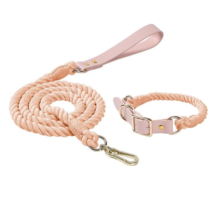 Light pink Hand-Woven Rainbow Cotton Rope Dog Leash and Collar Set - Adjustable Veg-Tanned Leather Trim with Heavy Duty Metal Hardware - 150cm Training Lead and S Size Collar - Image 1
