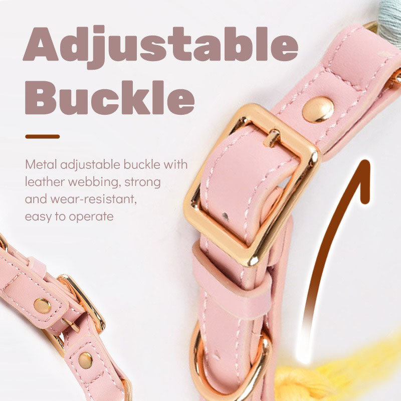Mint green Hand-Woven Rainbow Cotton Rope Dog Leash and Collar Set - Adjustable Veg-Tanned Leather Trim with Heavy Duty Metal Hardware - 150cm Training Lead and S Size Collar - Image 2