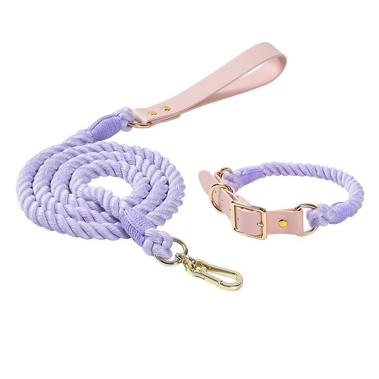 Purple Hand-Woven Rainbow Cotton Rope Dog Leash and Collar Set - Adjustable Veg-Tanned Leather Trim with Heavy Duty Metal Hardware - 150cm Training Lead and S Size Collar - Image 1