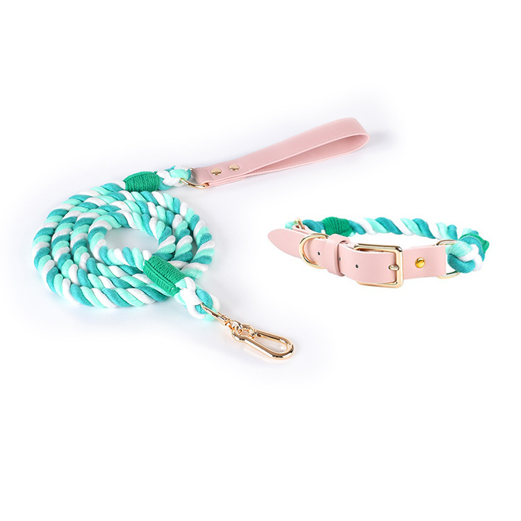 Green Hand-Woven Rainbow Cotton Rope Dog Leash and Collar Set - Adjustable Veg-Tanned Leather Trim with Heavy Duty Metal Hardware - 150cm Training Lead and M Size Collar - Image 1