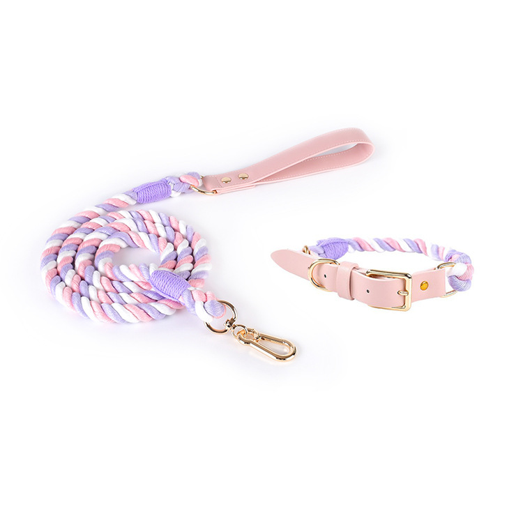 pink+purple Hand-Woven Rainbow Cotton Rope Dog Leash and Collar Set - Adjustable Veg-Tanned Leather Trim with Heavy Duty Metal Hardware - 150cm Training Lead and M Size Collar - Image 1