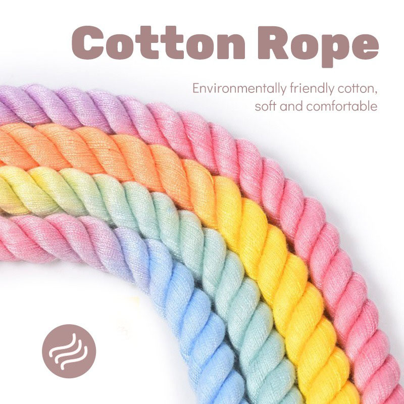 pink+purple Hand-Woven Rainbow Cotton Rope Dog Leash and Collar Set - Adjustable Veg-Tanned Leather Trim with Heavy Duty Metal Hardware - 150cm Training Lead and M Size Collar - Image 5