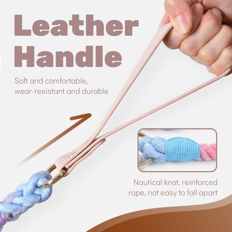 Sky Blue Hand-Woven Rainbow Cotton Rope Dog Leash and Collar Set - Adjustable Veg-Tanned Leather Trim with Heavy Duty Metal Hardware - 150cm Training Lead and M Size Collar - Image 3