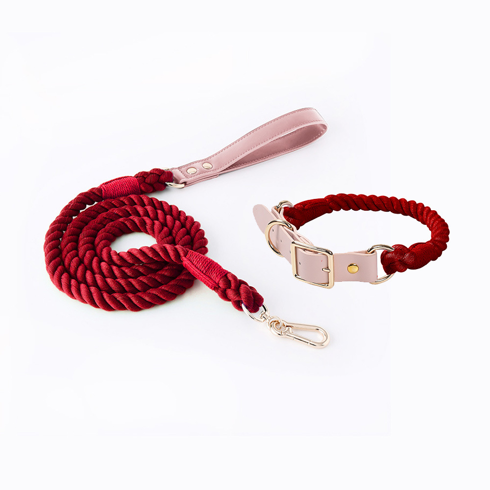 Rose Red Hand-Woven Rainbow Cotton Rope Dog Leash and Collar Set - Adjustable Veg-Tanned Leather Trim with Heavy Duty Metal Hardware - 150cm Training Lead and M Size Collar - Image 1
