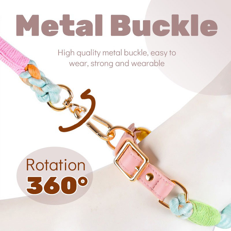 Rose Red Hand-Woven Rainbow Cotton Rope Dog Leash and Collar Set - Adjustable Veg-Tanned Leather Trim with Heavy Duty Metal Hardware - 150cm Training Lead and M Size Collar - Image 4