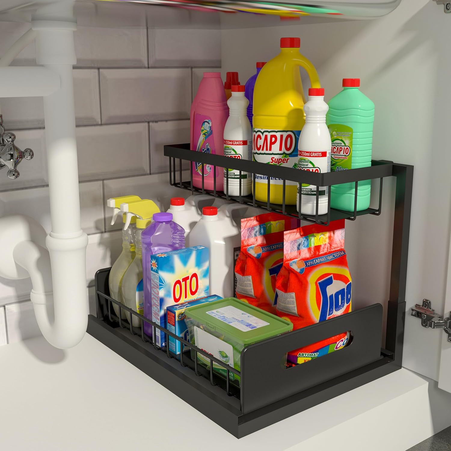 2-Tier Under Sink Organizer and Storage - Heavy Duty Metal Pull-Out Cabinet Organizer, L-Shaped Sliding Drawer Rack for Kitchen, Bathroom, and Pantry - Black - Image 1