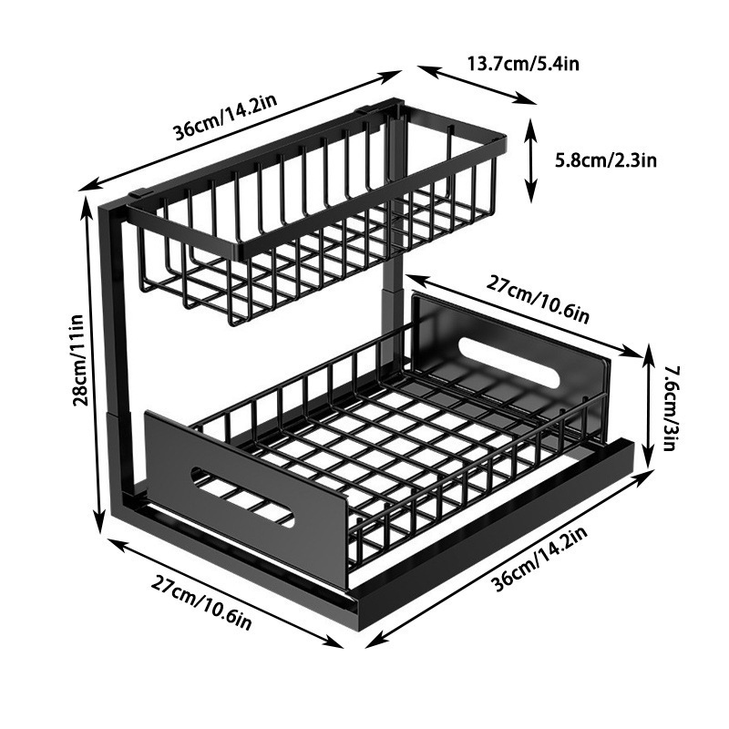 2-Tier Under Sink Organizer and Storage - Heavy Duty Metal Pull-Out Cabinet Organizer, L-Shaped Sliding Drawer Rack for Kitchen, Bathroom, and Pantry - Black - Image 2