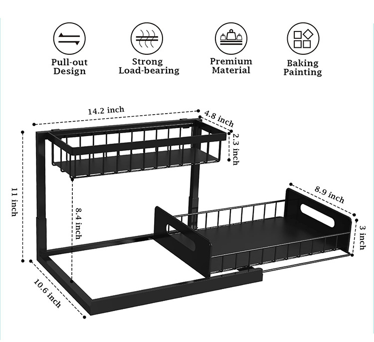2-Tier Under Sink Organizer and Storage - Heavy Duty Metal Pull-Out Cabinet Organizer, L-Shaped Sliding Drawer Rack for Kitchen, Bathroom, and Pantry - Black - Image 3