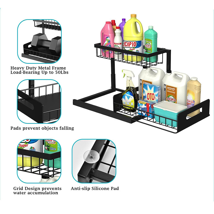2-Tier Under Sink Organizer and Storage - Heavy Duty Metal Pull-Out Cabinet Organizer, L-Shaped Sliding Drawer Rack for Kitchen, Bathroom, and Pantry - Black - Image 4