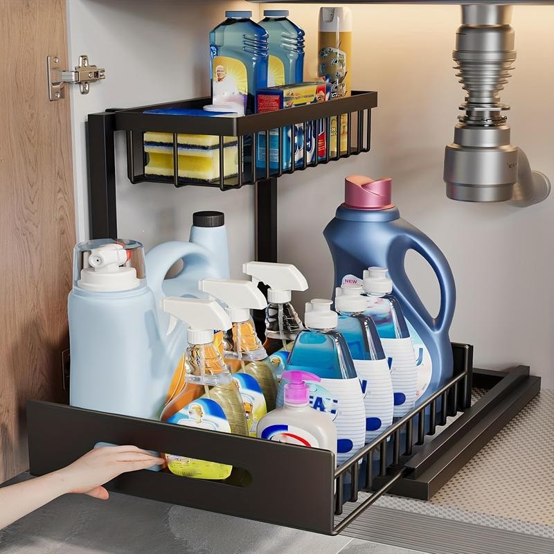 2-Tier Under Sink Organizer and Storage - Heavy Duty Metal Pull-Out Cabinet Organizer, L-Shaped Sliding Drawer Rack for Kitchen, Bathroom, and Pantry - White - Image 5