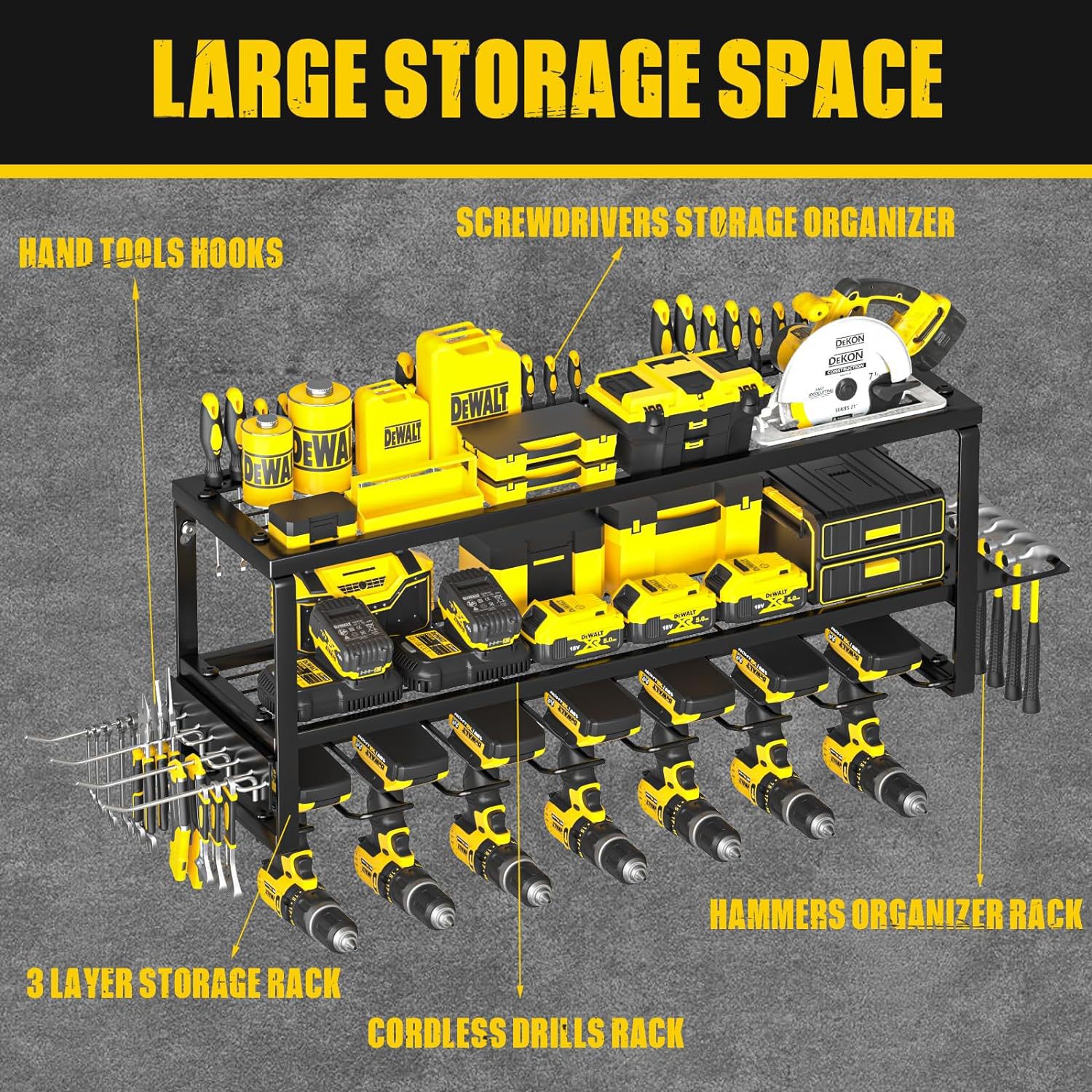 Heavy Duty Power Tool Organizer Wall Mount - 3-Tier Garage Storage Rack with Drill Holder, Screwdriver and Hammer Organizer - Extra Tall 200lbs Capacity High-Quality Steel Utility Shelf - Image 2