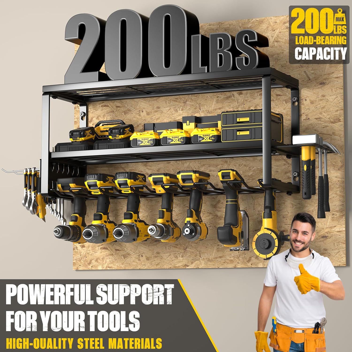 Heavy Duty Power Tool Organizer Wall Mount - 3-Tier Garage Storage Rack with Drill Holder, Screwdriver and Hammer Organizer - Extra Tall 200lbs Capacity High-Quality Steel Utility Shelf - Image 4