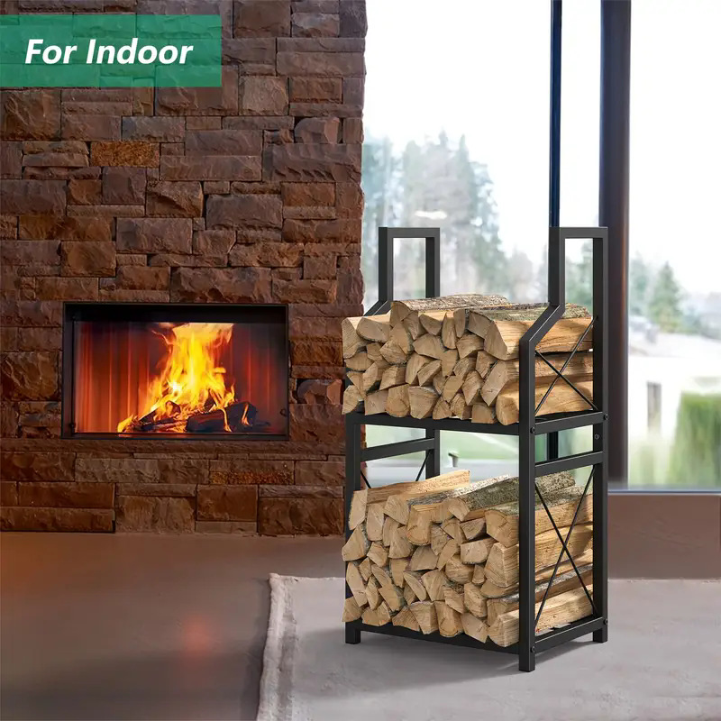 Heavy Duty 2-Tier Firewood Rack - Vertical Log Holder for Indoor Fireplace and Outdoor Fire Pit - Modern Metal Wood Storage Organizer for Camping, Patio, and Living Room - Image 3