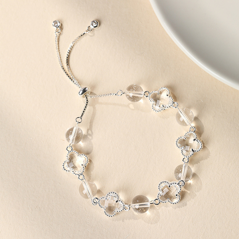 Natural Clear White Crystal Four-Leaf Clover Bracelet - Elegant Adjustable Silver-Tone Bolo Jewelry for Women - Versatile Quartz Bead Charm Bracelet, Perfect Mother's Day Gift - Image 1