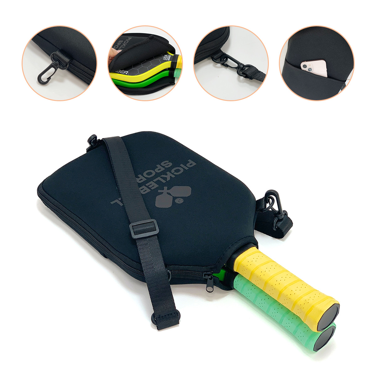 SA01 Black Neoprene Pickleball Paddle Cover (racket not included)  - Protective Crossbody Bag with Adjustable Shoulder Strap and Fence Hook - Universal Lightweight Paddle Case for All Skill Levels - Image 5