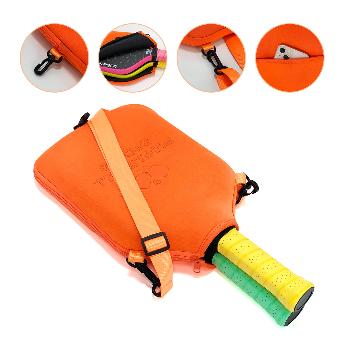 SA02 Orange Neoprene Pickleball Paddle Cover (racket not included)  - Protective Crossbody Bag with Adjustable Shoulder Strap and Fence Hook - Universal Lightweight Paddle Case for All Skill Levels - Image 5