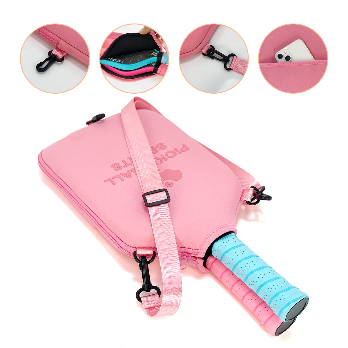 SA03 Pink Neoprene Pickleball Paddle Cover (racket not included)  - Protective Crossbody Bag with Adjustable Shoulder Strap and Fence Hook - Universal Lightweight Paddle Case for All Skill Levels - Image 5