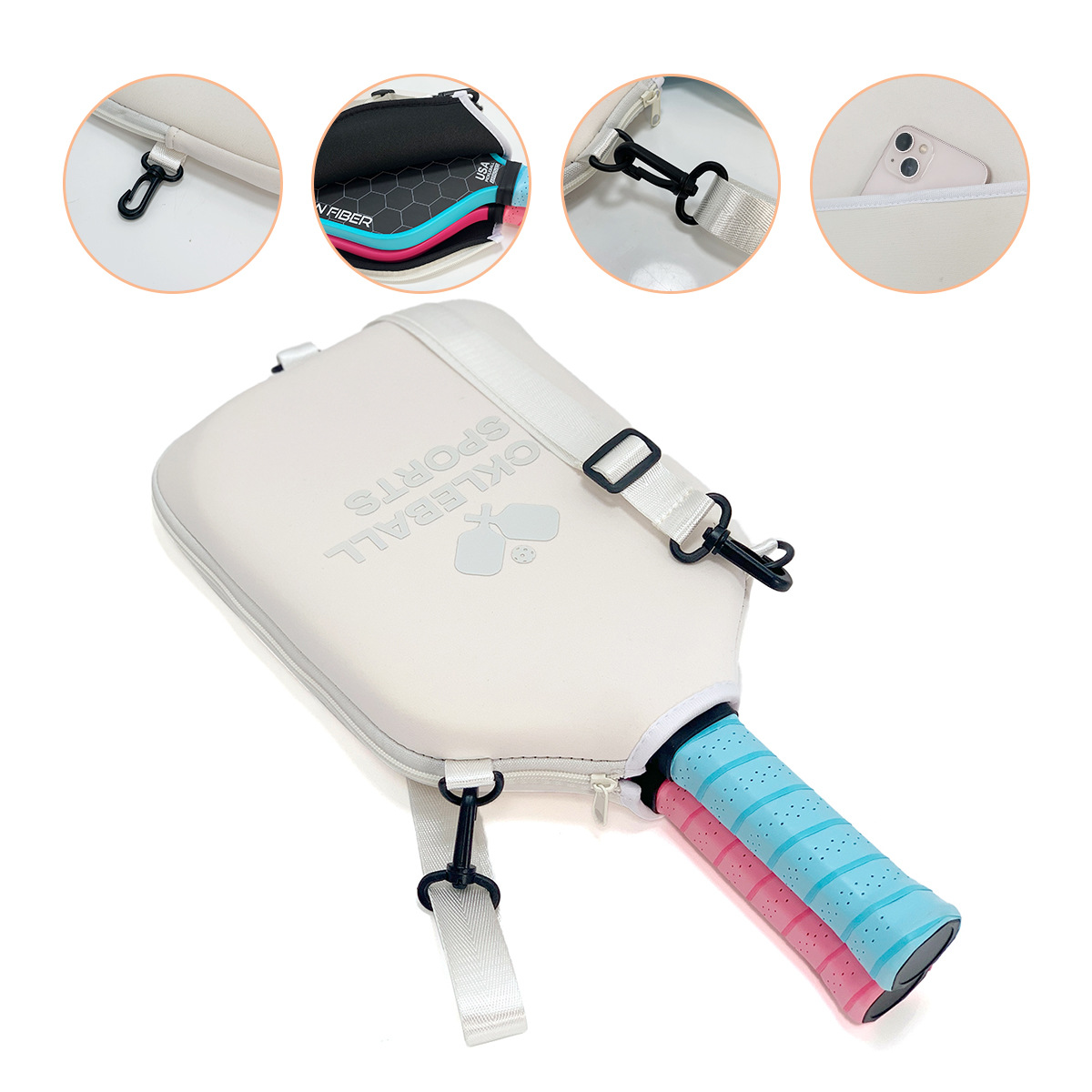 SA04 Beige Neoprene Pickleball Paddle Cover (racket not included)  - Protective Crossbody Bag with Adjustable Shoulder Strap and Fence Hook - Universal Lightweight Paddle Case for All Skill Levels - Image 5
