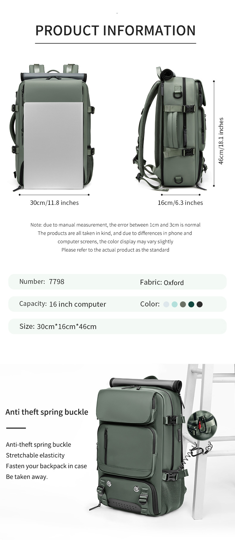 Pink Large Capacity 16-Inch Laptop Travel Backpack - Anti-Theft Professional Business Bag with Spring Buckle - Durable Oxford Cloth Outdoor Rucksack for Men and Women - Image 2