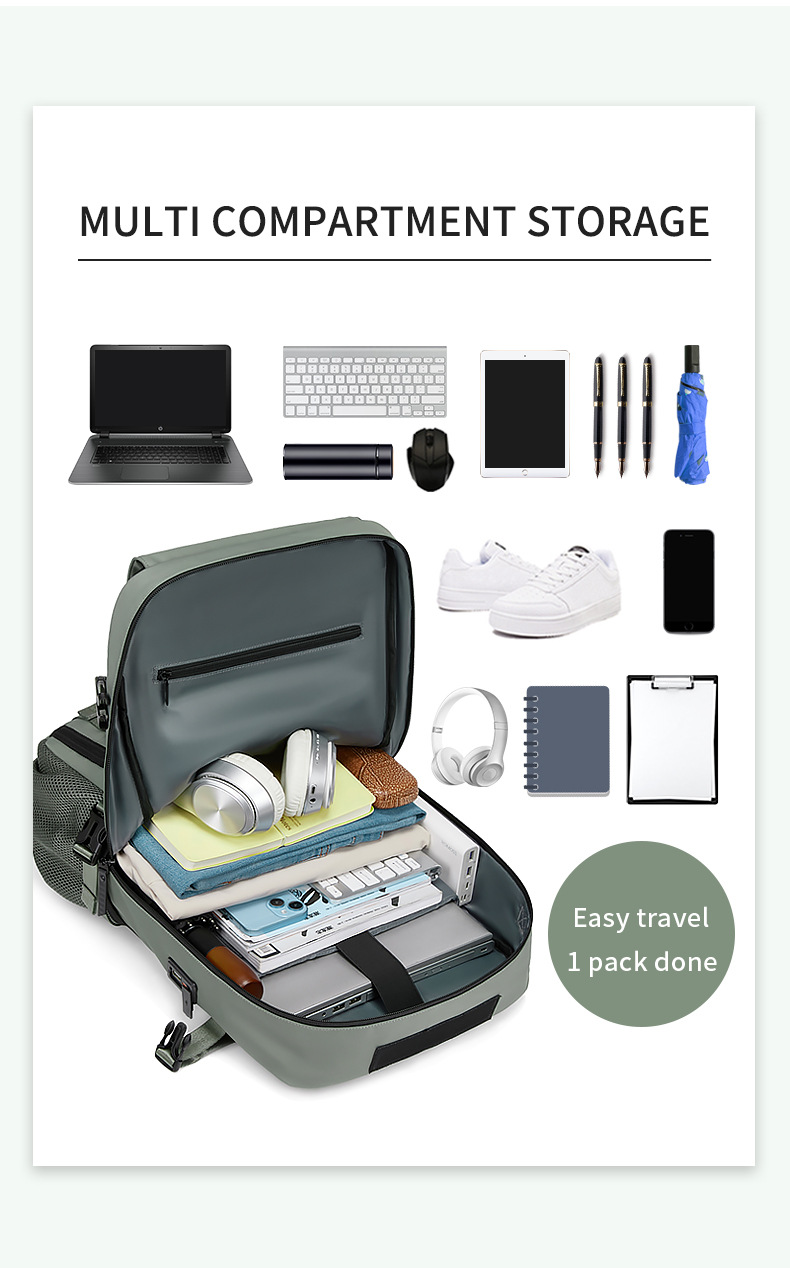 Mint Green Large Capacity 16-Inch Laptop Travel Backpack - Anti-Theft Professional Business Bag with Spring Buckle - Durable Oxford Cloth Outdoor Rucksack for Men and Women - Image 3