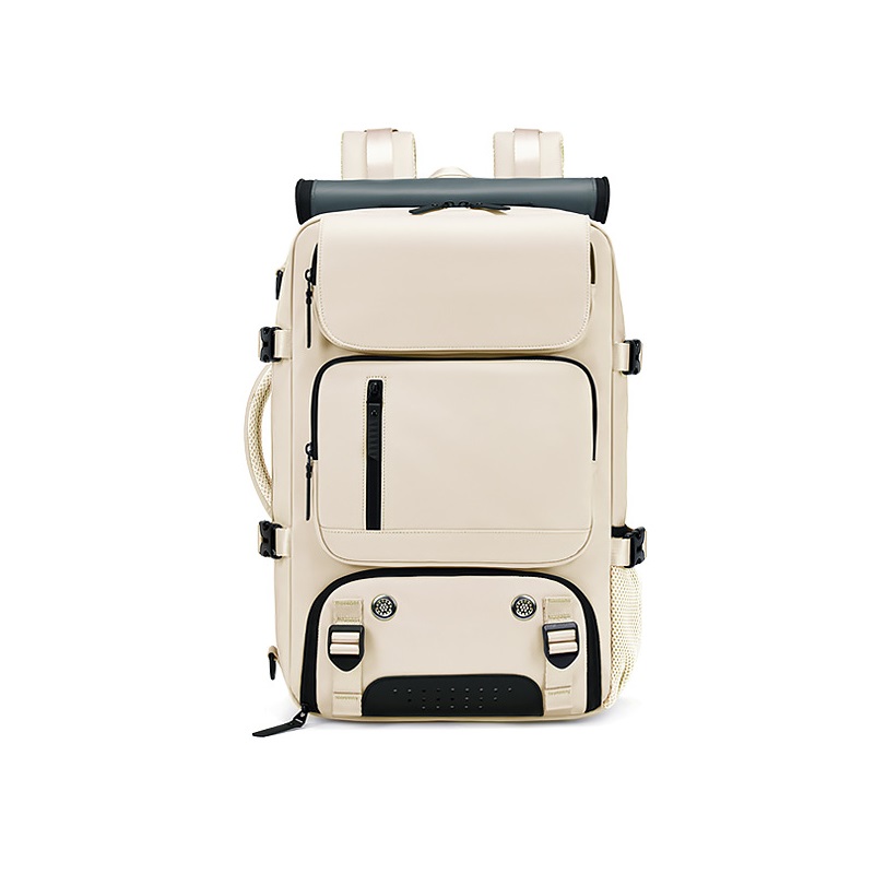 Beige Large Capacity 16-Inch Laptop Travel Backpack - Anti-Theft Professional Business Bag with Spring Buckle - Durable Oxford Cloth Outdoor Rucksack for Men and Women - Image 1