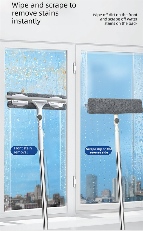 2 PCS Professional 2-in-1 Window Squeegee with 137cm Extension Pole - 360 Degree Rotatable High-Rise Window Cleaner with Microfiber Scrubber and Streak-Free Silicone Blade - Image 2