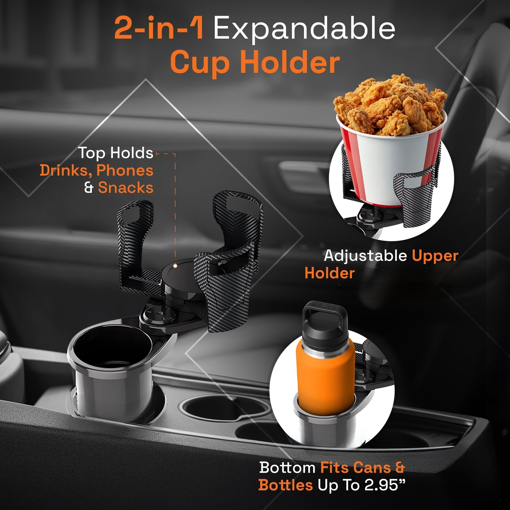 3 PCS Black 2-in-1 Universal Car Cup Holder Expander - 360 Degree Rotating Multifunctional Beverage Rack, Adjustable Upper Base Storage Organizer for Water Bottles, Coffee Mugs and Fast Food Cups - Image 3