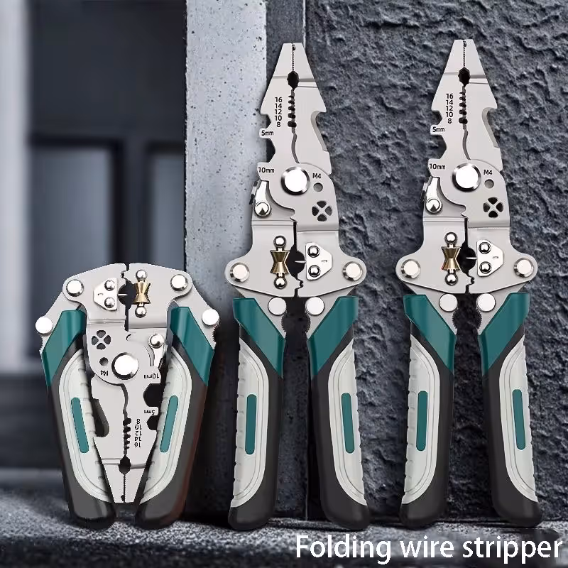 3PCS Professional 10-in-1 Folding Multi-functional Wire Stripper and Pliers - Heavy Duty Electrician's Tool for Stripping, Cutting, Crimping, and Splitting - Compact and Portable Design - Image 1