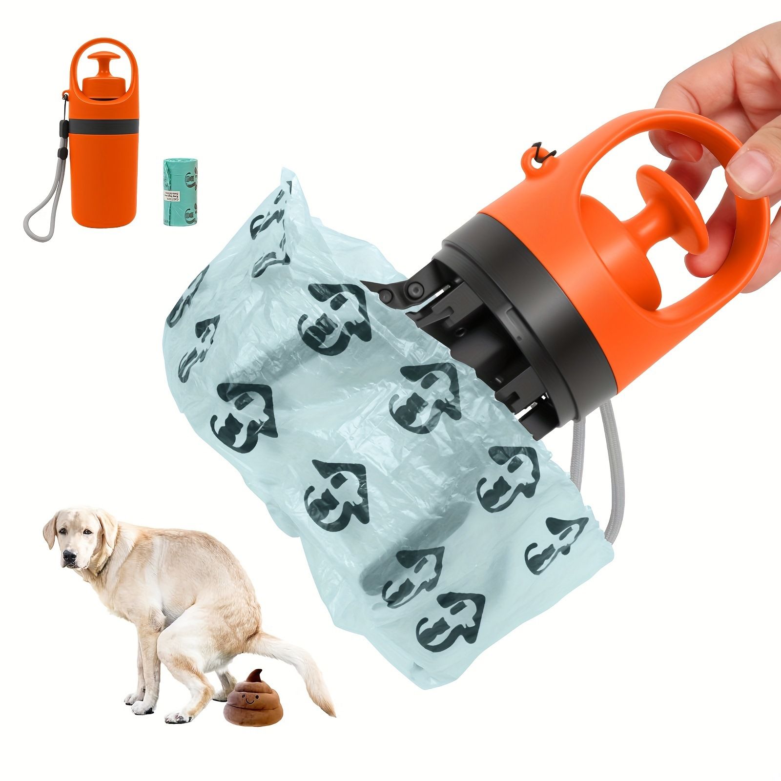 Orange Portable 6-Claw Pet Pooper Scooper - Hands-Free Dog Waste Picker with Integrated Bag Dispenser and Storage Cap - Lightweight Sanitary Waste Removal Tool for Outdoor Walking and Travel - Image 1