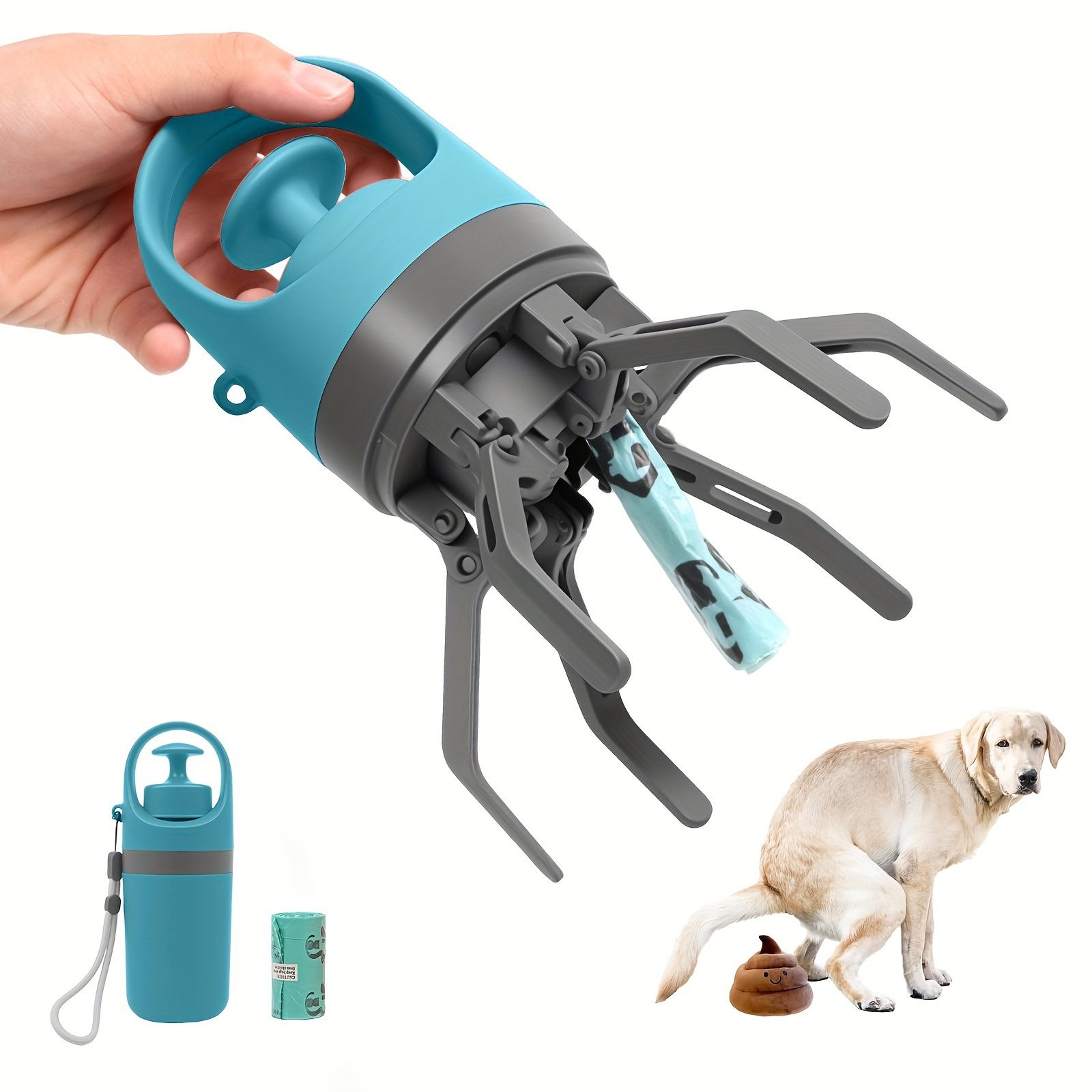 Blue Portable 6-Claw Pet Pooper Scooper - Hands-Free Dog Waste Picker with Integrated Bag Dispenser and Storage Cap - Lightweight Sanitary Waste Removal Tool for Outdoor Walking and Travel - Image 1