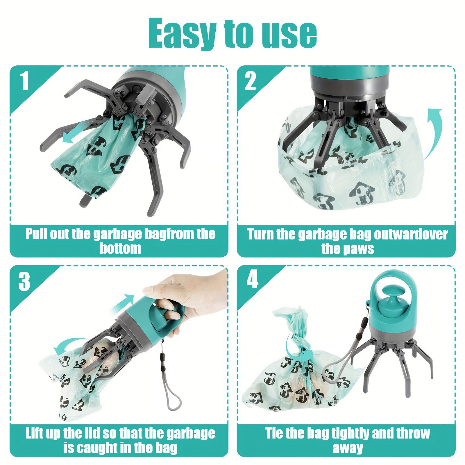 Blue Portable 6-Claw Pet Pooper Scooper - Hands-Free Dog Waste Picker with Integrated Bag Dispenser and Storage Cap - Lightweight Sanitary Waste Removal Tool for Outdoor Walking and Travel - Image 2