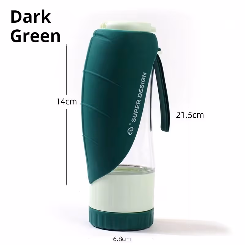 Green 2-in-1 Portable Dog Water Bottle and Food Container - Leaf-Shaped Silicone Travel Bowl for Pets, Leak-Proof Outdoor Dispenser for Walking, Hiking and Traveling, 330ml Capacity - Image 1