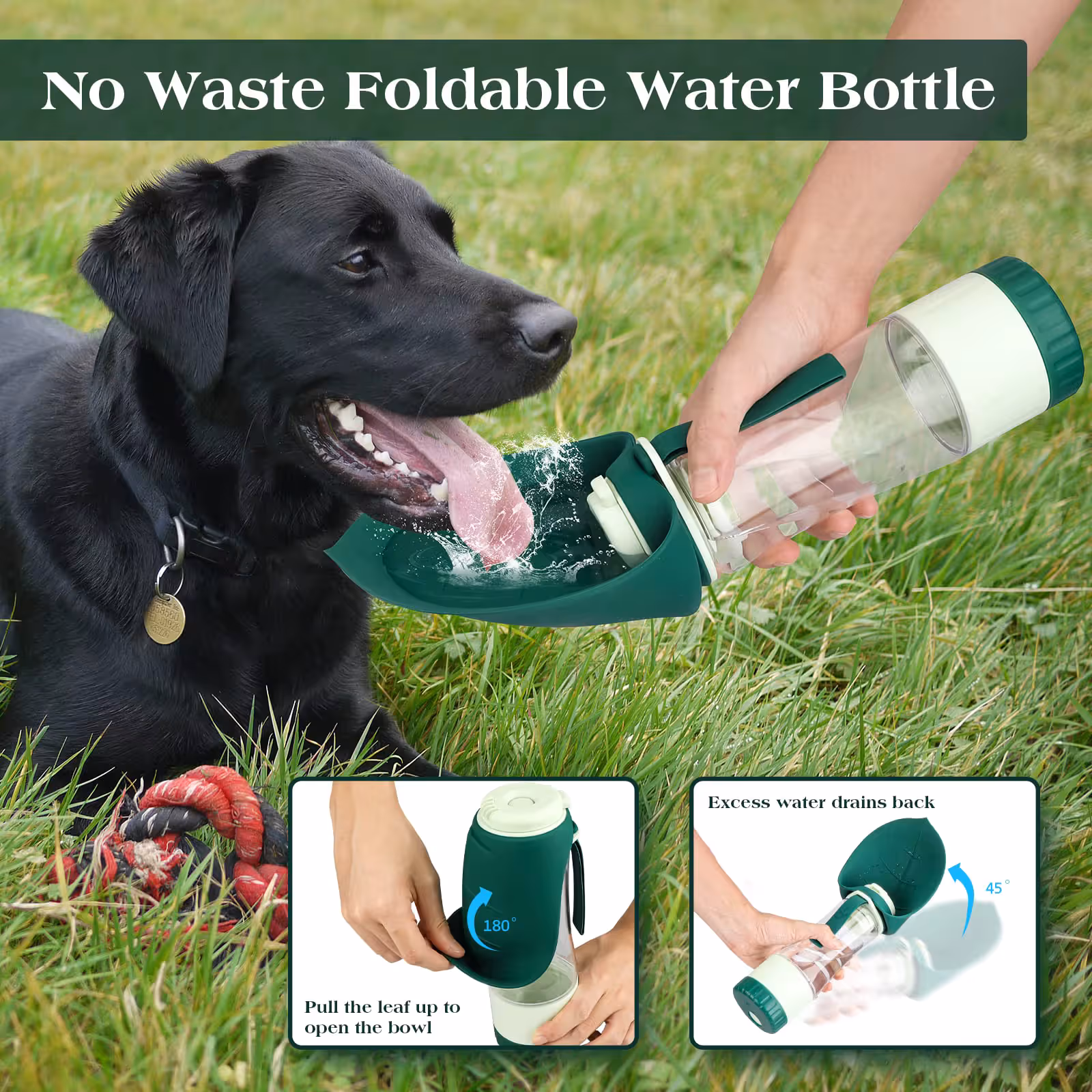 Green 2-in-1 Portable Dog Water Bottle and Food Container - Leaf-Shaped Silicone Travel Bowl for Pets, Leak-Proof Outdoor Dispenser for Walking, Hiking and Traveling, 330ml Capacity - Image 4