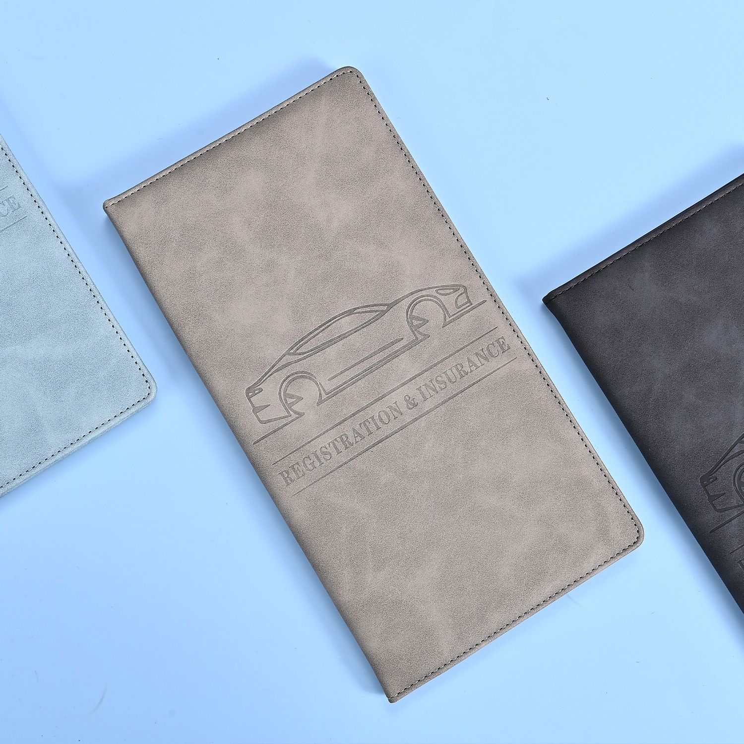 3 Pcs Premium PU Leather Car Registration and Insurance Holder - Slim Auto Document Organizer, Driver's License Wallet and Travel Passport Folder - Gray - Image 1